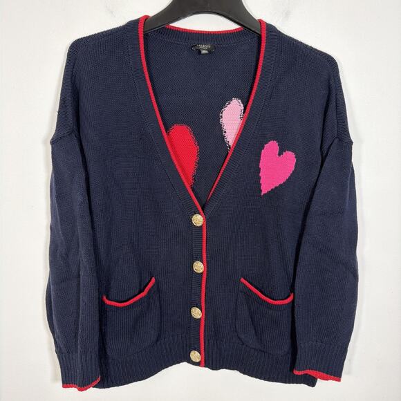 Talbots Plus Petite XL Tipped Heart V-Neck Navy Cardigan Pink Heart Valentines - Picture 5 of 11